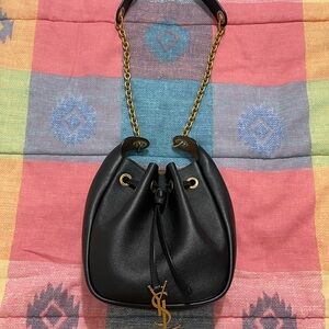 Yves Saint Laurent Black Bucket Bag with Gold Chain